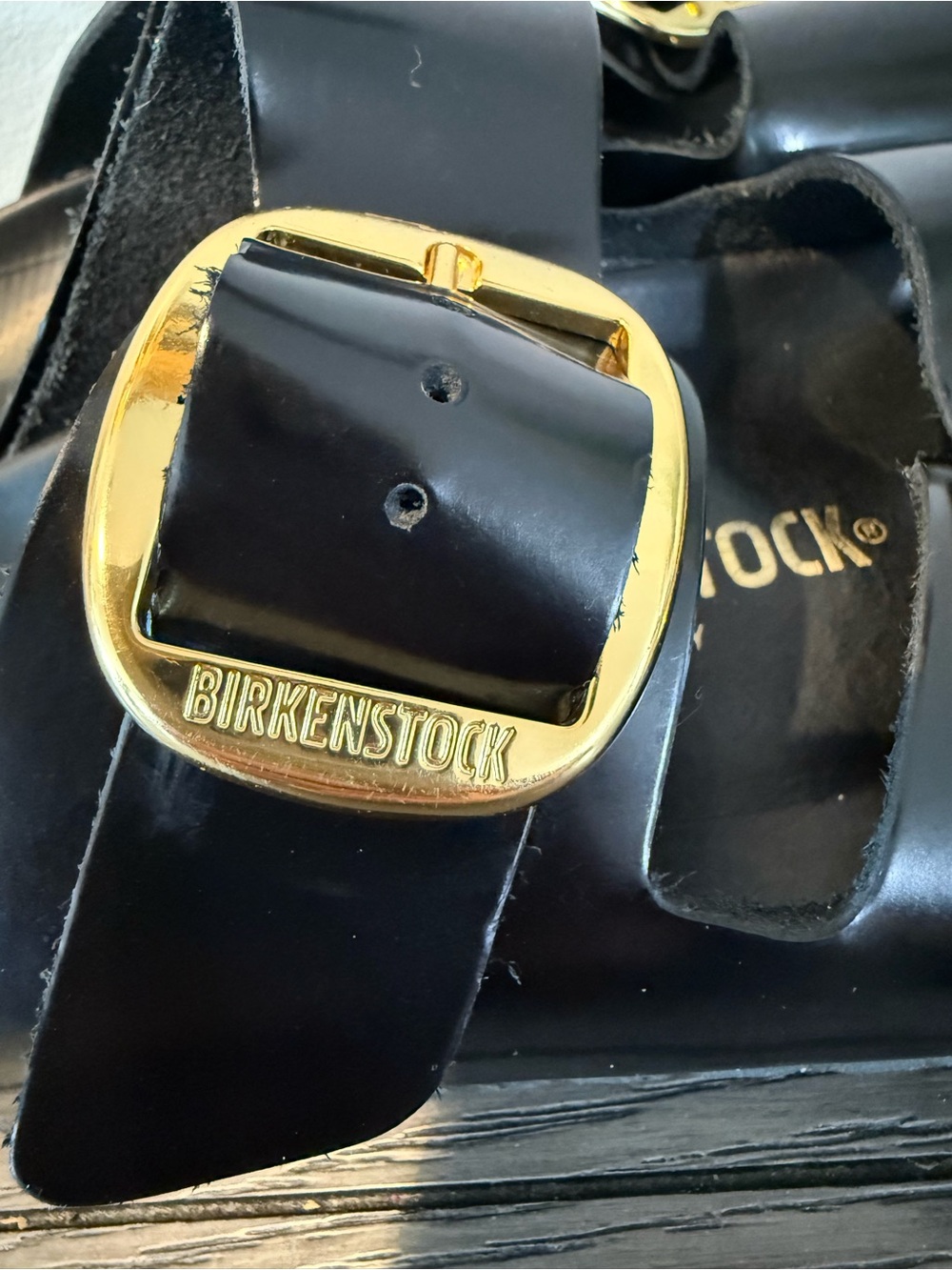 Birkenstock women’s Black Patent Arizona Sandals with Gold Buckles - Picture 3 of 8
